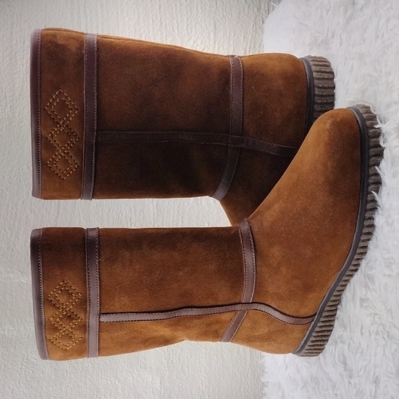 Bass Brown Suede Leather Faux Fur Almond Toe Pull On Mid Calf Waterproof Boot - Picture 1 of 15